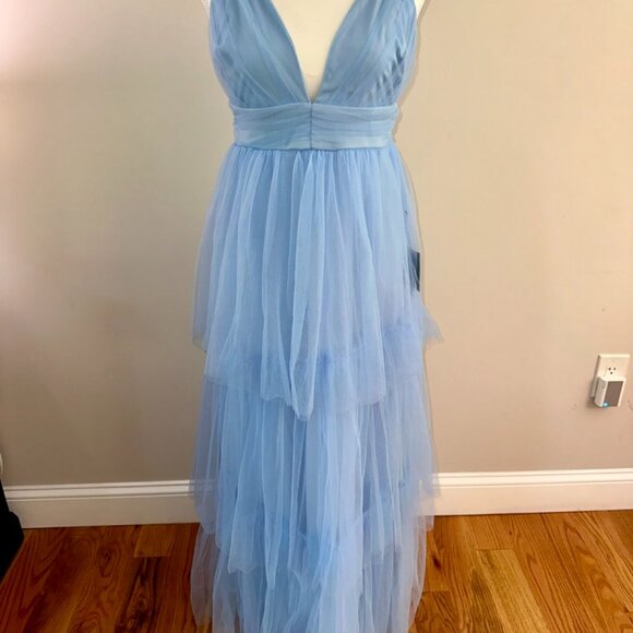 NWT Lulus Charming Glamour Light Blue Tulle Sleeveless Tiered Maxi Dress - Picture 5 of 11